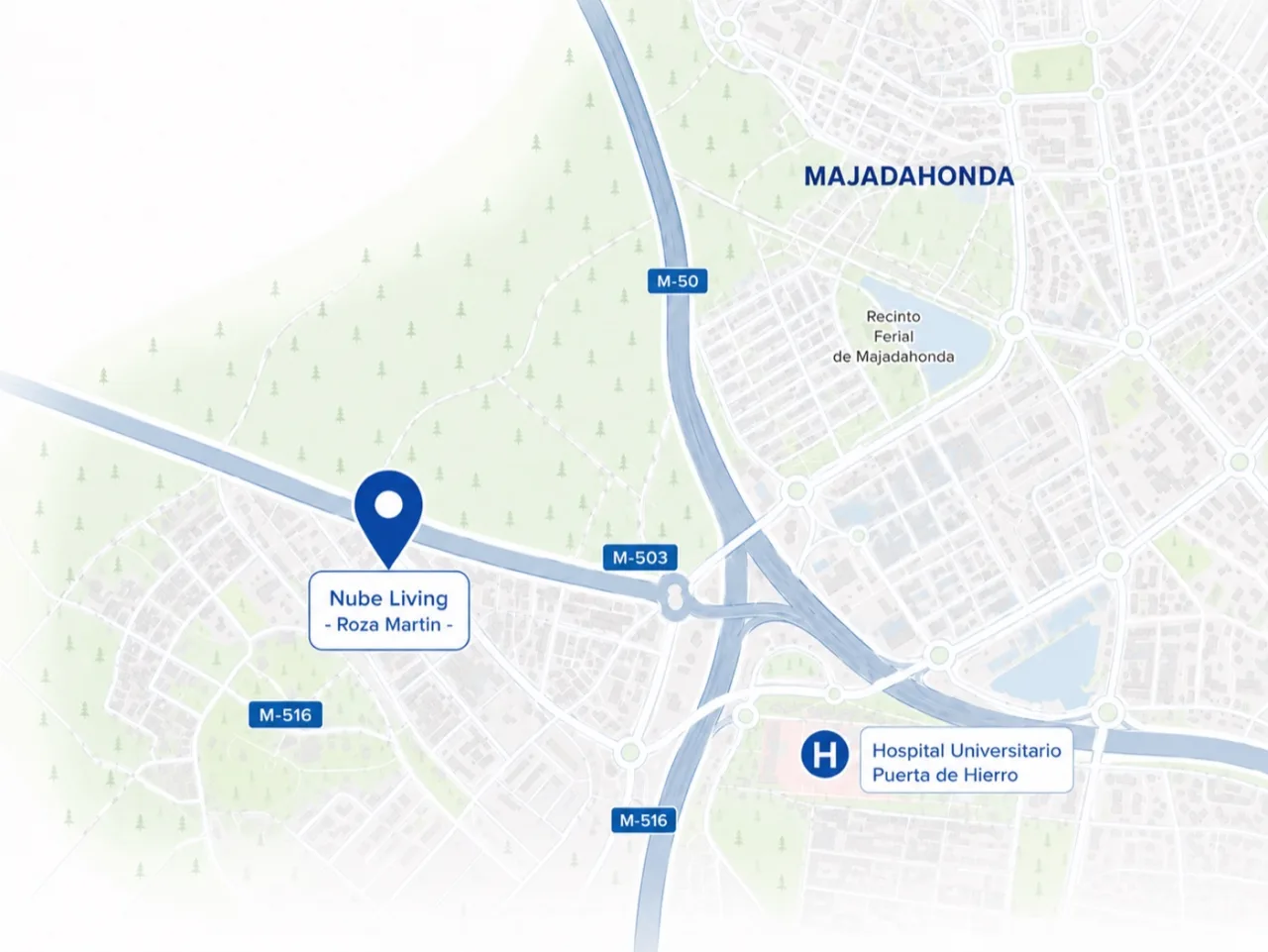 Mapa de la ubicación de Nube Living en Roza Martín, Majadahonda, junto al Hospital Puerta de Hierro y las conexiones M-50, M-503 y M-516