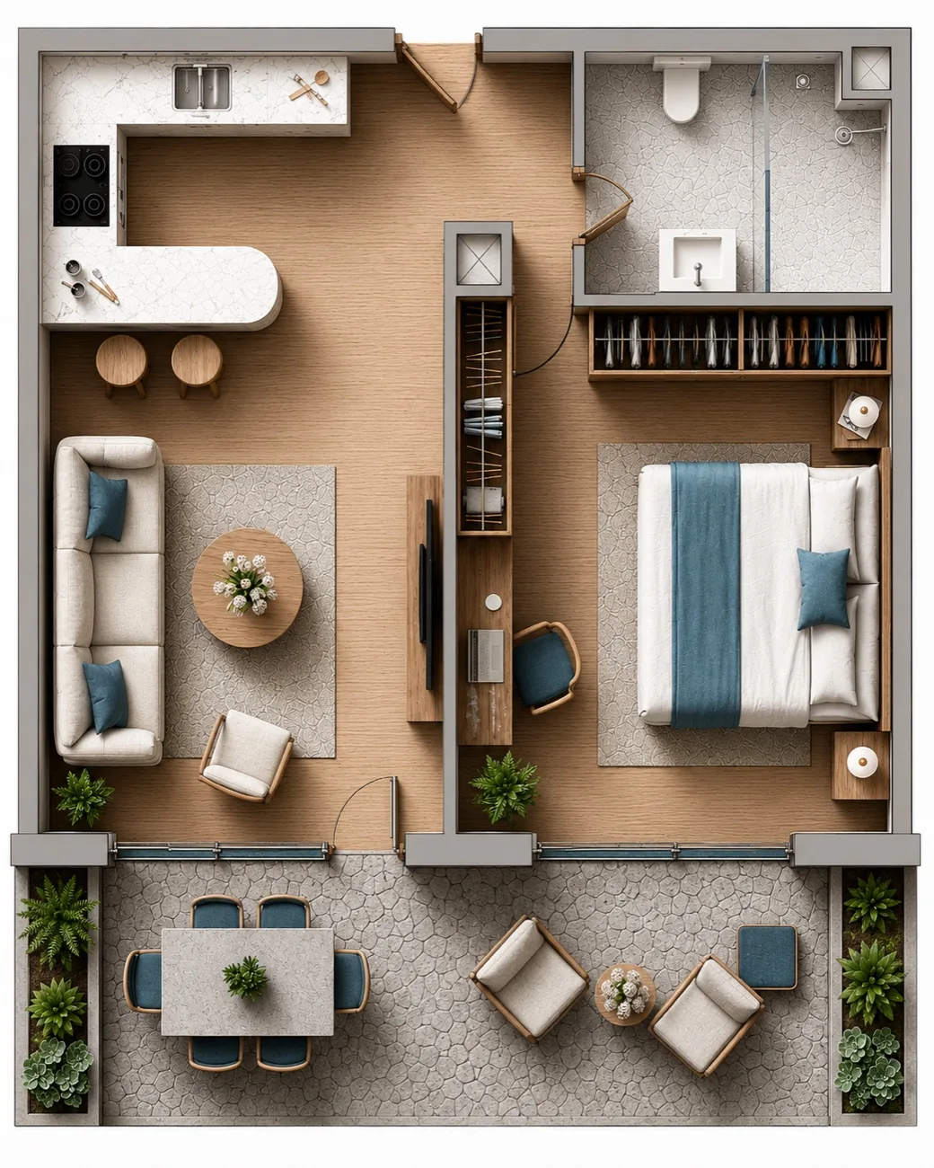 Plano del apartamento de 1 dormitorio con terraza